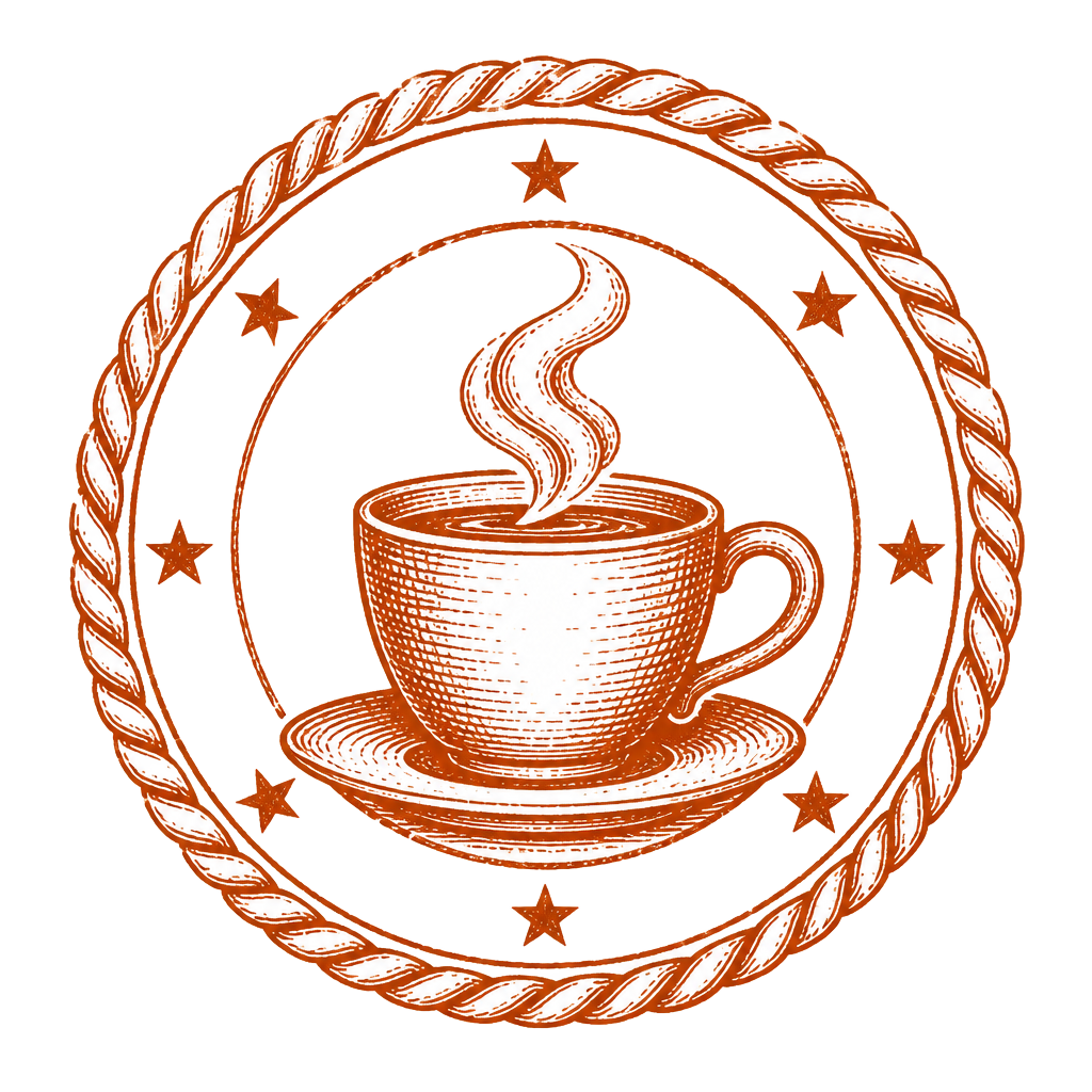 Hand-drawn rope-bordered seal with steaming coffee cup