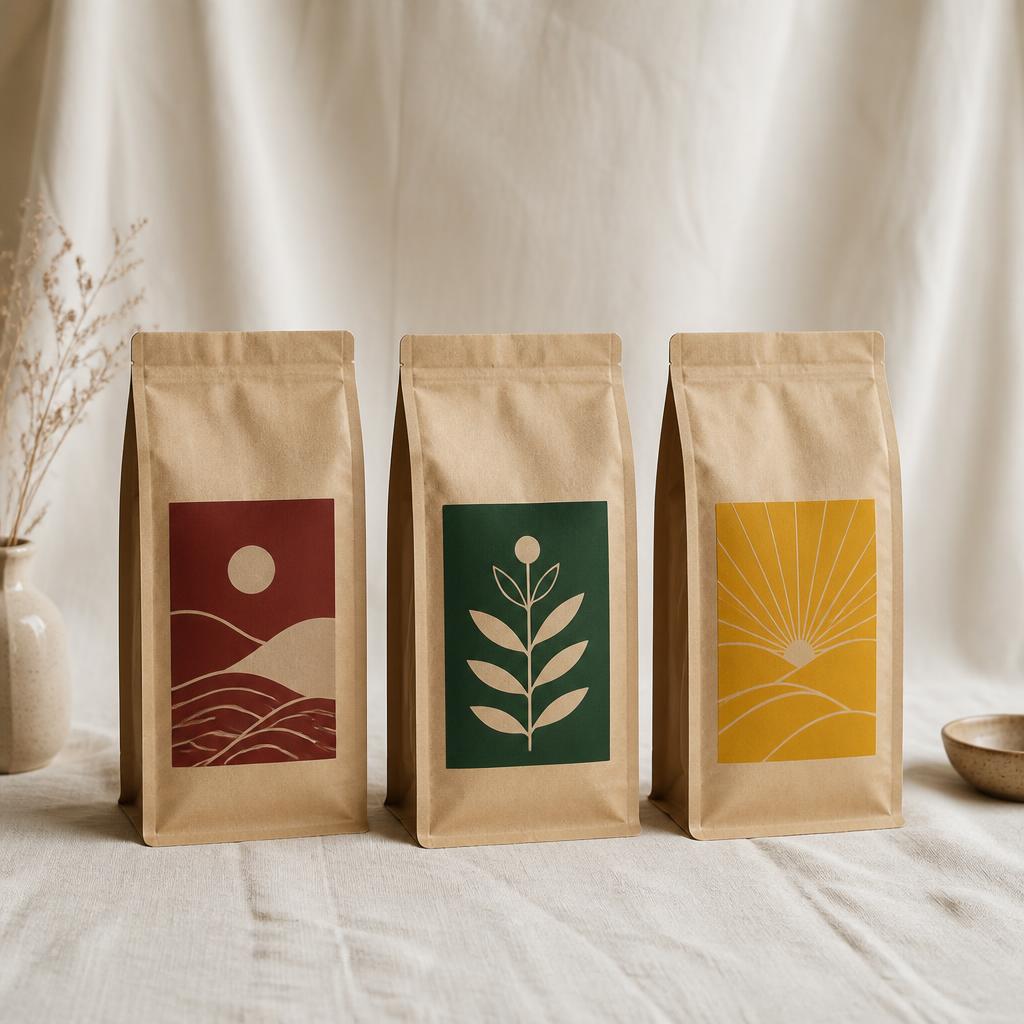 Three Rodeo Red's coffee bags in burgundy, forest green, and mustard labels