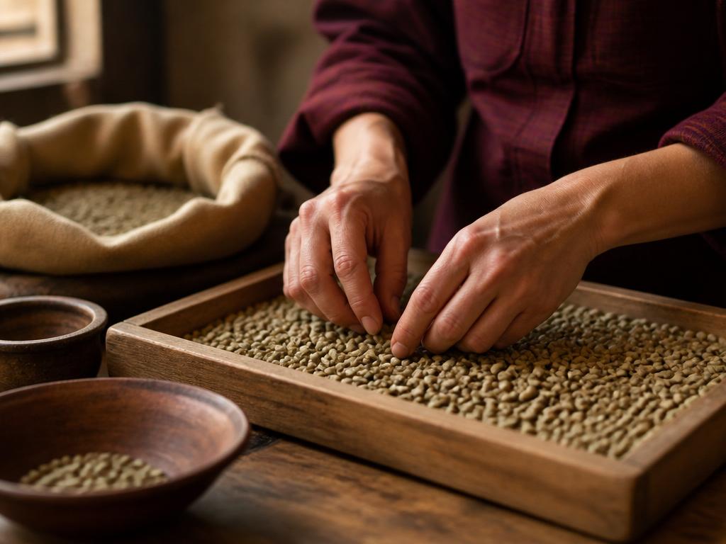 Hands sorting green unroasted coffee beans on a wooden tray